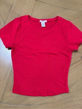 Bozzolo Red Ribbed Short Sleeve Scoop Neck Tee